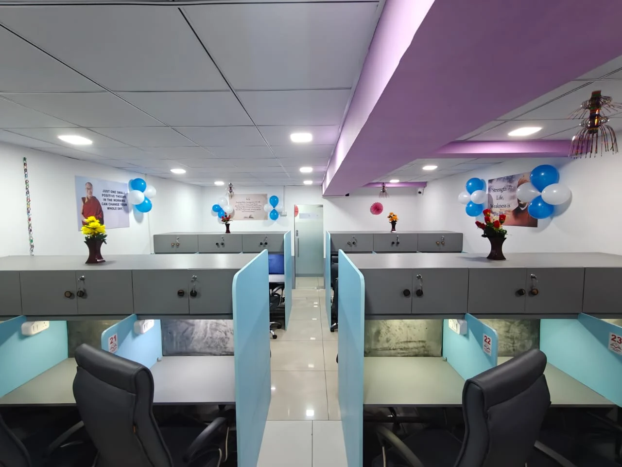 Overhead view of study desks with lockers and decor